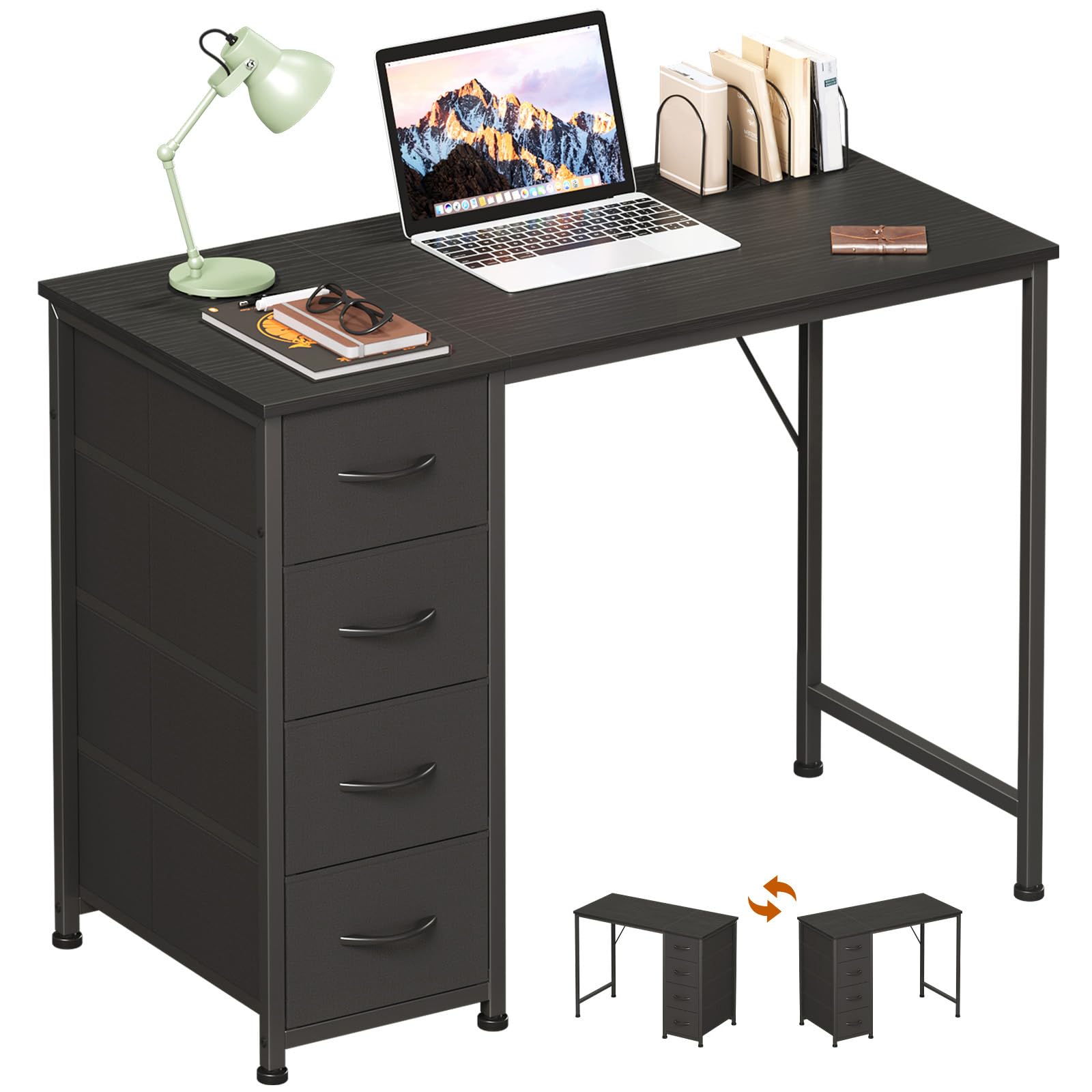 Somdot Schreibtisch, 4 Stoffschubladen Links oder rechts, 100x48 cm Schwarz