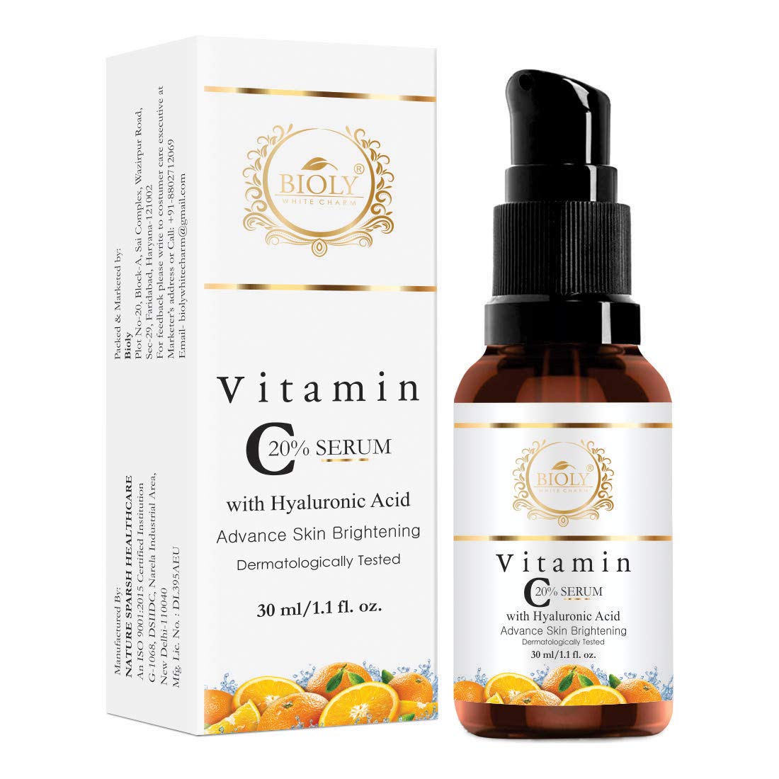Bioly White Charm Vitamin C Serum 20% enriched with Hyaluronic Acid + Vitamin E for Advance Skin Brightening and Lightening (30 ML)