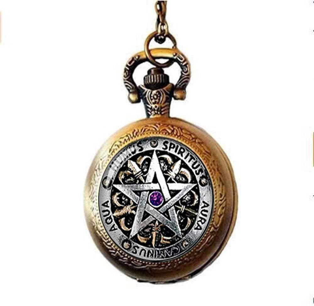 Wiccan Protection Pocket Watch Necklace, Pagan Pentagram Pocket Watch Necklace, Glass Dome Gift Women Men