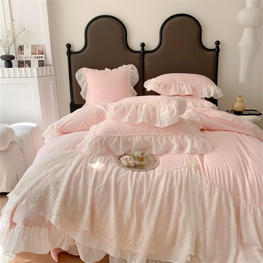 IHOUSTRIY Lace Duvet Cover Queen Size, Chiffon Ruffled Beddding Set with Flower, 3 Pieces Comforter Cover Set with Zipper Closure, Girl Princess Bedding with Pillowcase - Pink, Queen