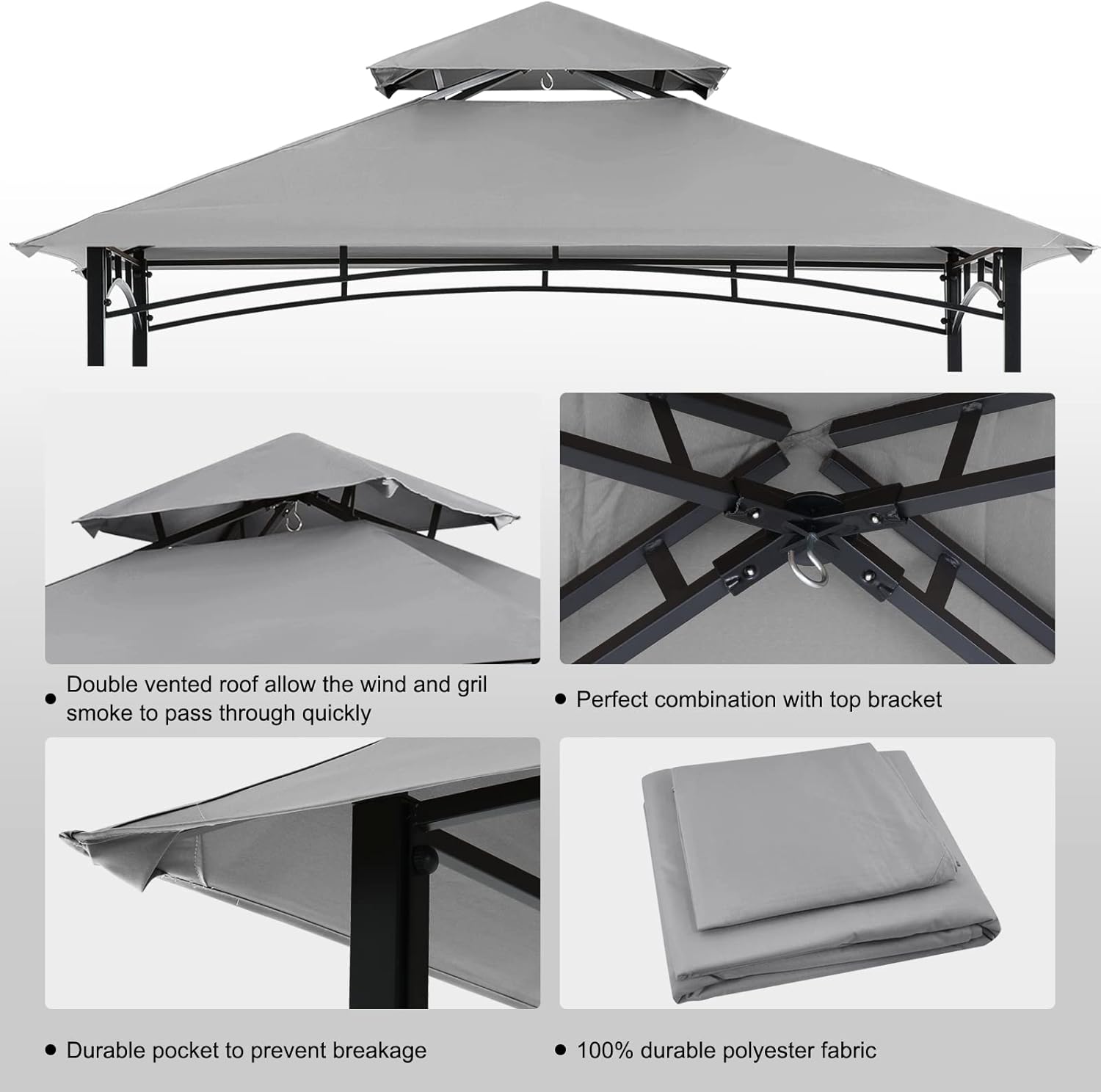 COOSHADE Grill Gazebo Replacement Canopy Roof Outdoor Double Tiered Barbecue Gazebo Top Cover Fit for Model L-GG001PST-F (Grey)