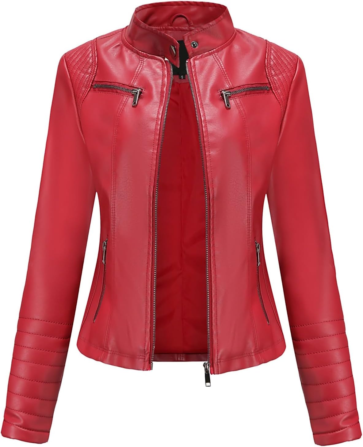 Women's Leather Jacket Short Biker Jacket Leather Stand-Up Collar Motorcycle Jacket Long Sleeve Transition Jacket Slim Fit Cool Short Jacket PU Leather Winter Jacket Stand-Up Collar Trench Coat