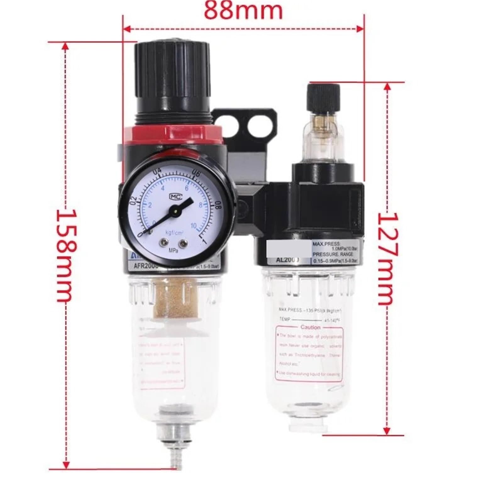El filtro separador de agua y aceite del compresor de aire AFC2000 G1/4 se utiliza for reducir el regulador de la válvula de presión 1 Uds.(AFR2000-BT12 Fitting)