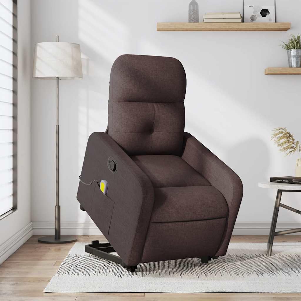 Sillón de masaje con ayuda para levantarse, funda de tela marrón oscuro, 6 puntos de vibración, función reclinable manual, cómodo sillón tapizado con reposabrazos, ideal como sillón de