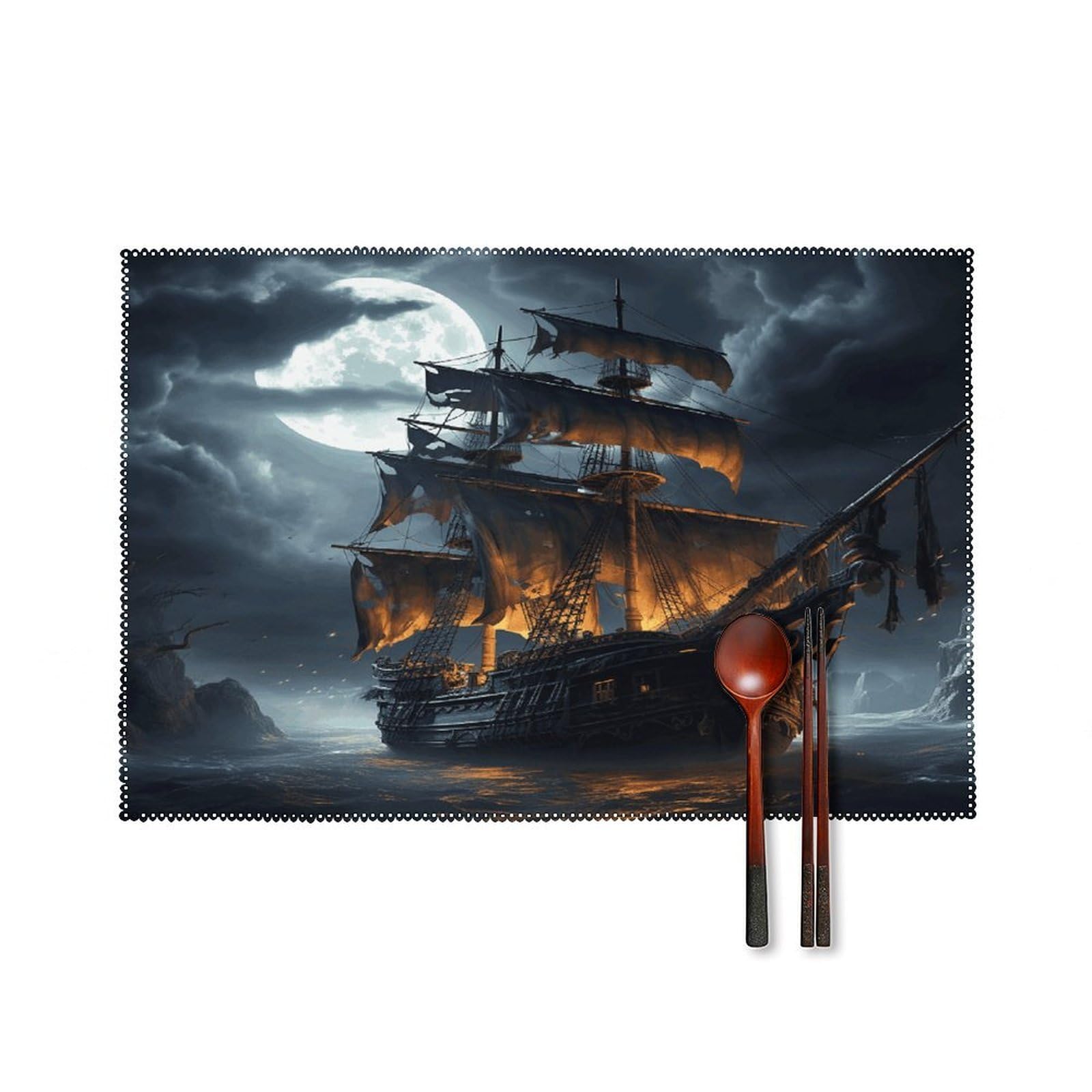 Pirate Sailboat Full Moon Placemats Set of 4 Heat Resistant Non-Slip Place Mats Reusable Dining Table Mats Canvas Place Mat Anti-Fading Waterproof Placemats for Dining Table Decor