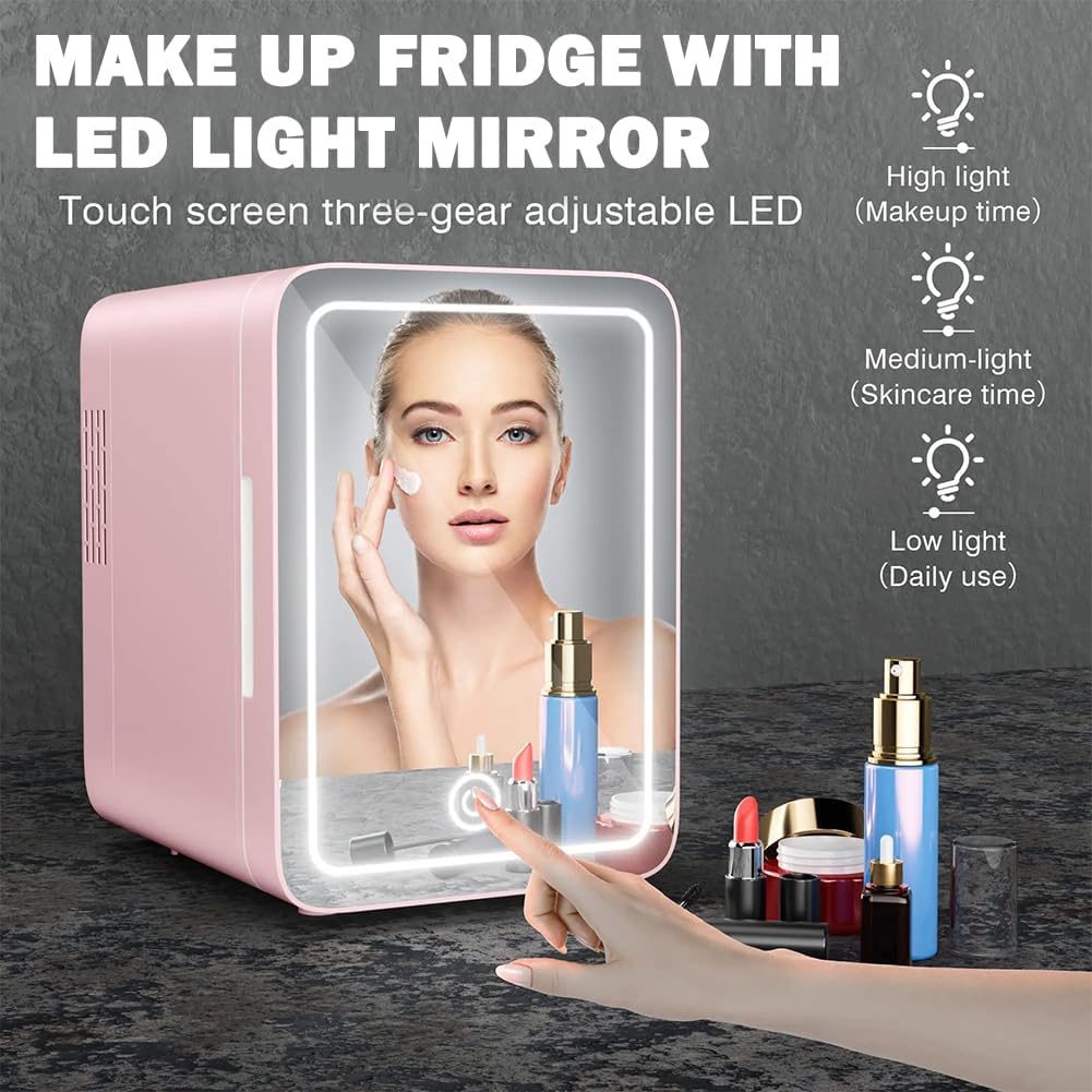 Mirror Beauty Fridge, Mini Girls Makeup Refrigerator, Small Makeup Refrigerator Freezer, Cosmetics Storage Beauty Box, Vitality Secret,Pink