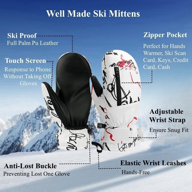 Waterproof Ski Mittens Ski Glove for Women Men Youth Winter Cold Weather Snow Gloves with Hands Warmer Zipper Pocket - Image 6