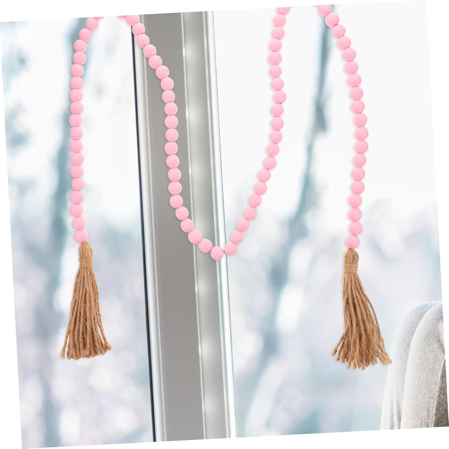 Ipetboom 2pcs Pink Wooden Bead Tassel Garland DIY Wall Hanging Ornament for Bedroom Decor Creative Wood Beads Tiered Tray Decoration with Rope and Elegant Pendant Design