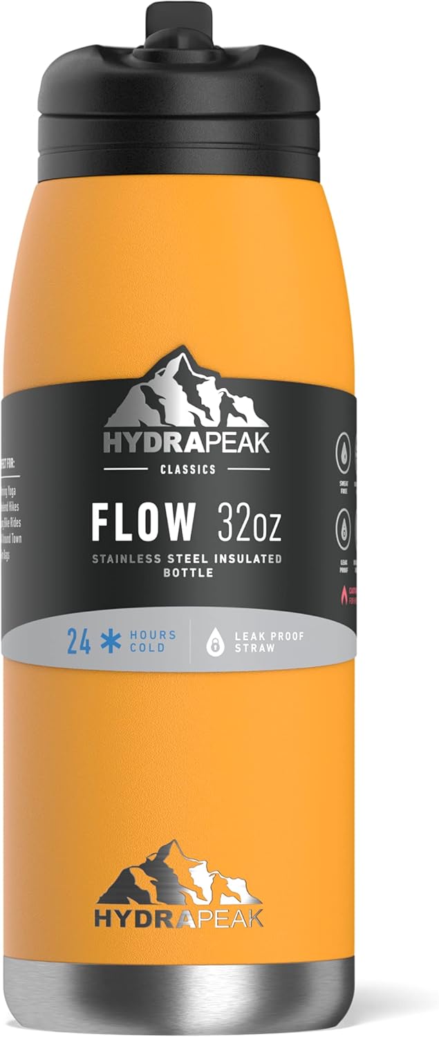 Hydrapeak Flow 32oz Insulated Water Bottle with Straw Lid | Double Wall Vacuum Insulated Stainless Steel Water Bottles, BPA-Free and Leak-Proof, Wide Mouth Flask with Bite Straw and Handle (Mango): Home & Kitchen