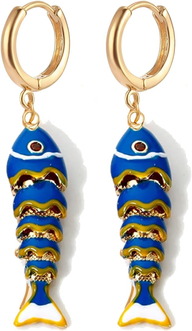 Color Boho Fish Earring for Women, Gold Huggie Hoops Dangle Colorful enamel Summer Beach 3D Stereo Tiny Fish Drop Earrings Ocean Minimalist Statement Jewelry Gift