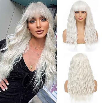 SOKU White Wig with Air Bangs Womens Short Bob Wigs 20 Inch Long White Hair Wave Synthetic Curly Costume Wig for Fashion Women Girls Heat Resistant Synthetic Hair