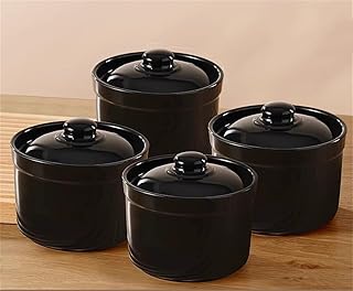 蒸し碗 茶碗蒸し碗 蓋付き ココット 茶碗蒸し 器 4個セット 食器 小皿 500ml お皿 陶器 耐熱 オーブン・電子レンジ対応 スープカップ デザート サムゲタン 離乳食作り スープ おかゆ 薬膳など (ブラック×4個, 口径11*高11CM/500ml)