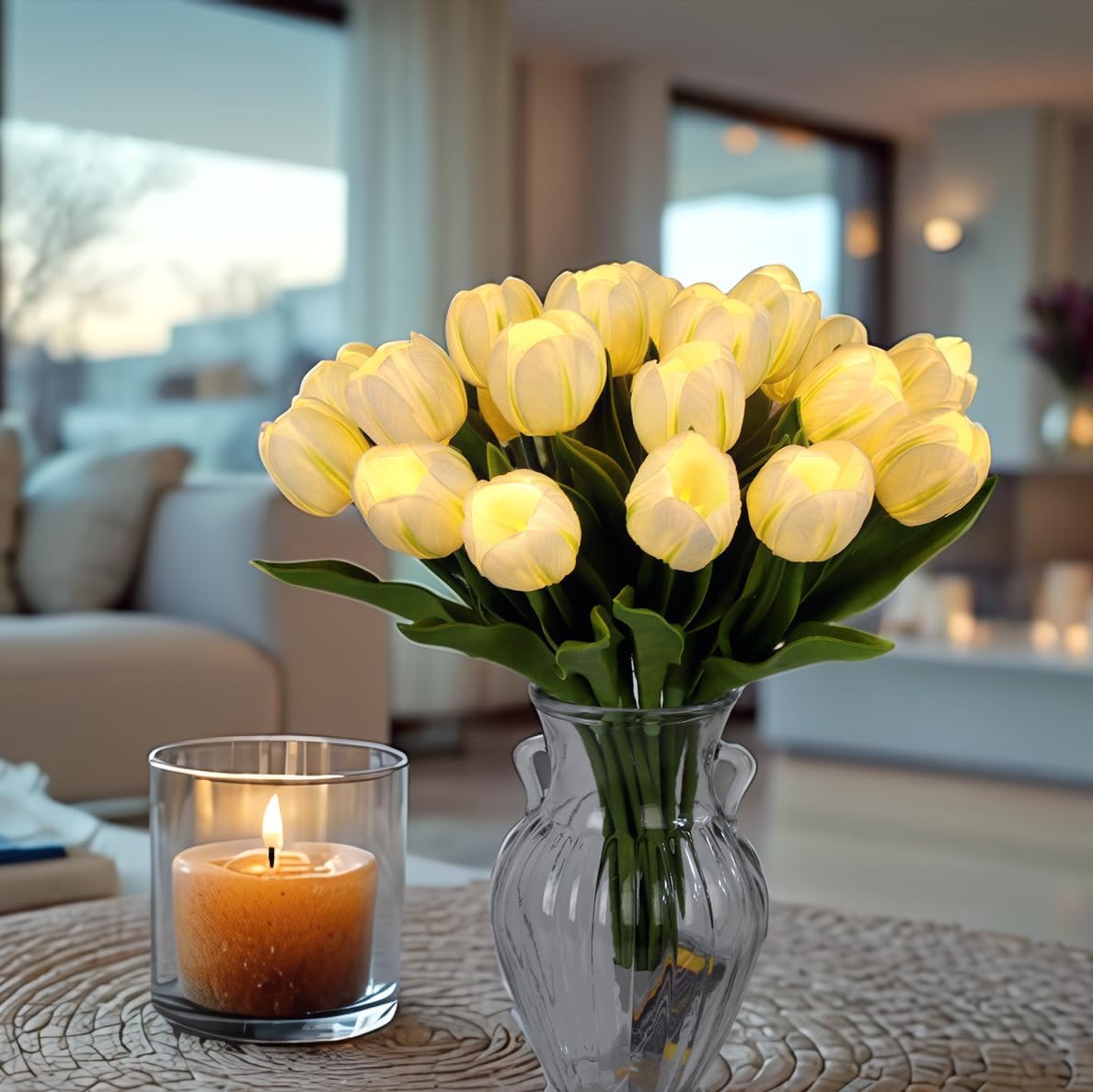 20pcs LED Lighted Artificial Flowers Tulip Lamp Real Touch Tulips Faux Flower Lights for Valentine's Day and Easter Home Kitchen Wedding Dining Table Decor(White) - Image 4