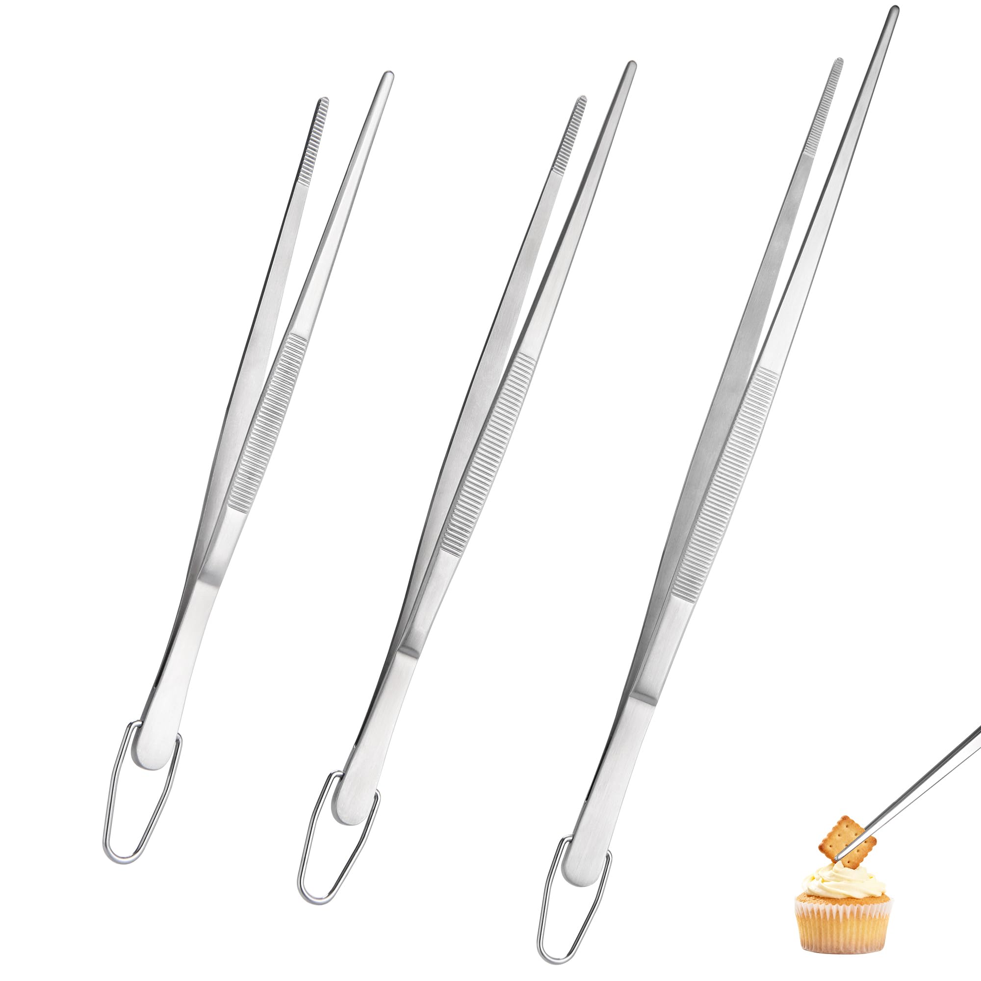 U-Taste 8"+10"+12" Kitchen Cooking Tweezer: 18/8 Stainless Steel Food-Grade Metal Food Tong, Flexible Pinching, Seamless-Welding and Sturdy for Serving Grilling Frying, Plating, Feeding (Pointed Tip)