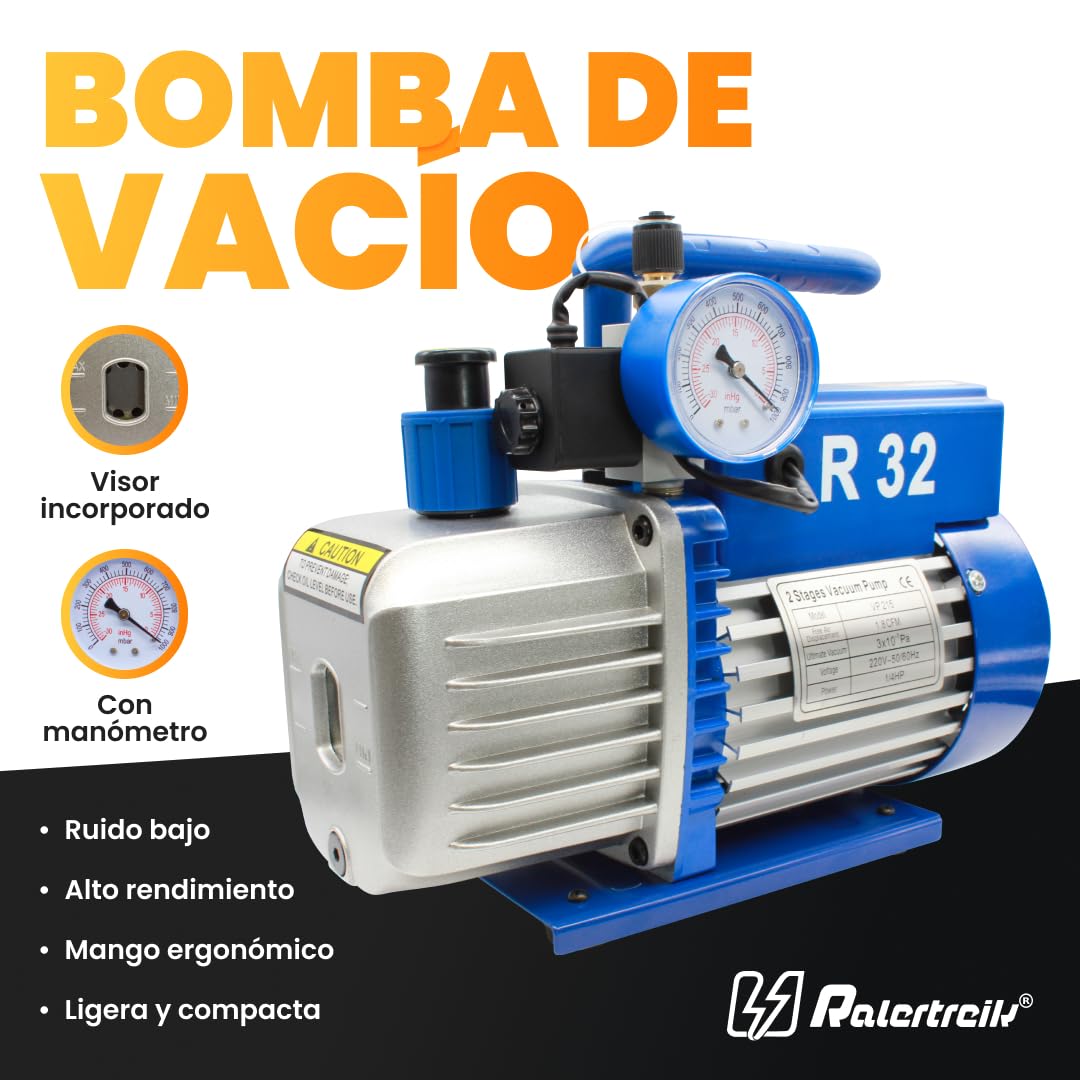 Bomba de Vacío de Doble Efecto para Aire Acondicionado R32 VP215 Bomba de Vacío Coche con Válvula Solenoide Manómetro para Mantenimiento de Aire Acondicionado Portátil para Refrigeración