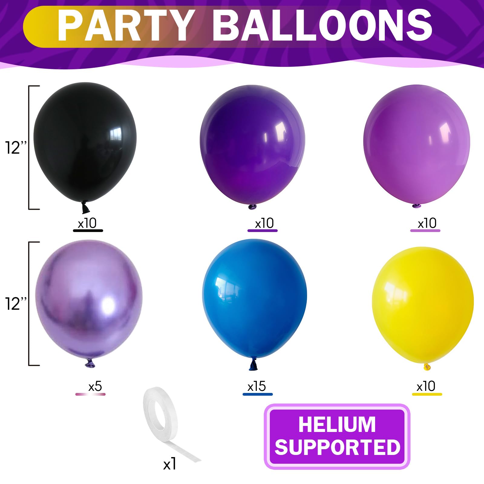 HILAVO Fioletowe niebieskie żółte czarne balony 60 szt. metaliczny fioletowy królewski niebieski czarny żółty gra wideo balon lateksowy balon na imprezę dla dzieci gracza noc urodziny ukończenie
