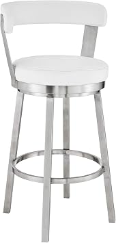 Armen Living Bryant Modern 26" Seat Height White Faux Leather and Brushed Stainless Steel Metal Swivel Bar Stool for Kitchen Island Counter