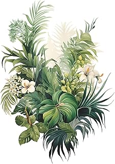 Botanical Wall Decals with Palm Leaves Lush Green Foliage White Flowers Removable Peel and