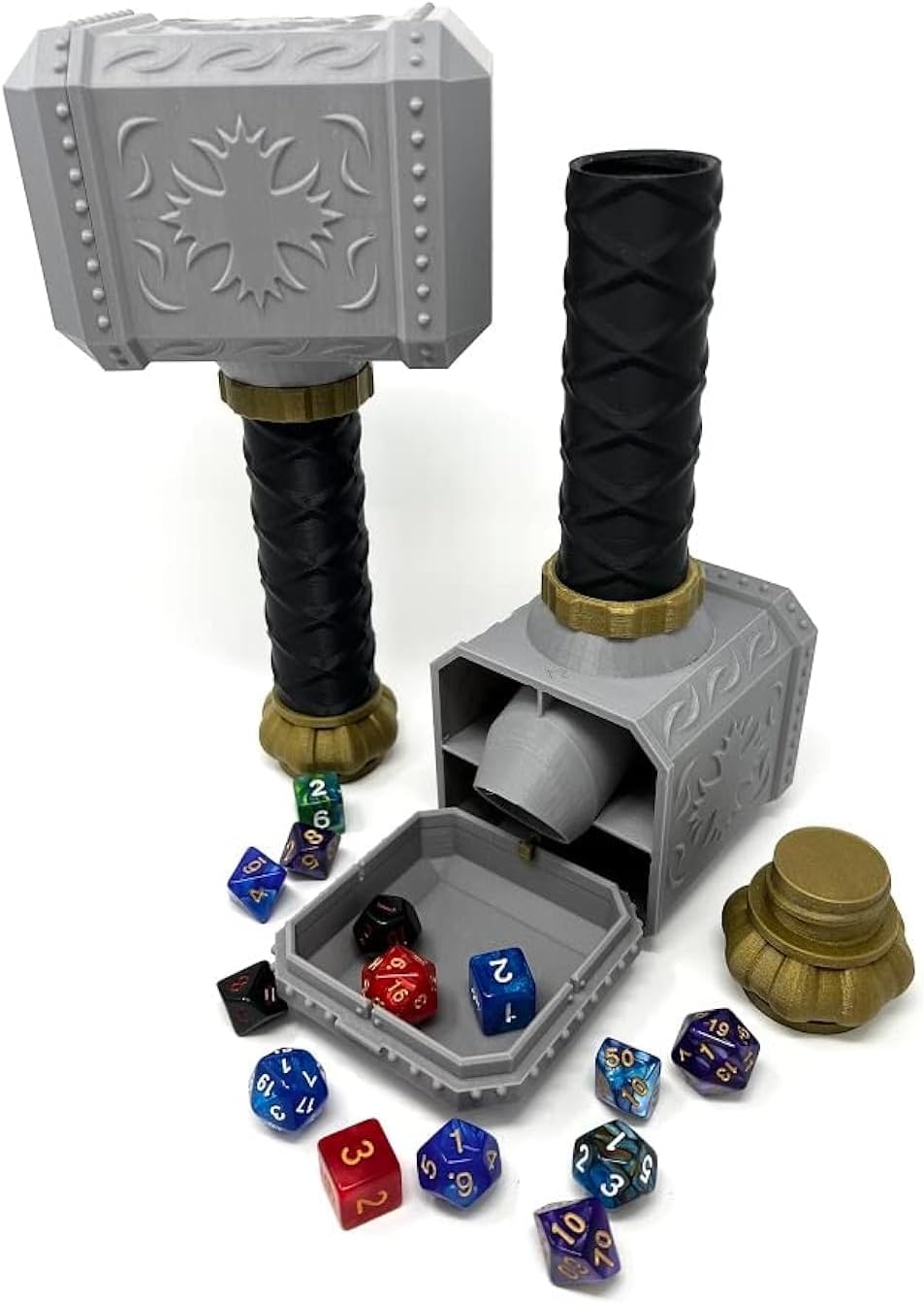 MunnyGrubbers - Hammer Dice Tower - (Random 7PCS D20 Dice Set Included) - DiceHolder - DiceRoller - Tabletop RPG Accessory - DND - D&D - (Silver)