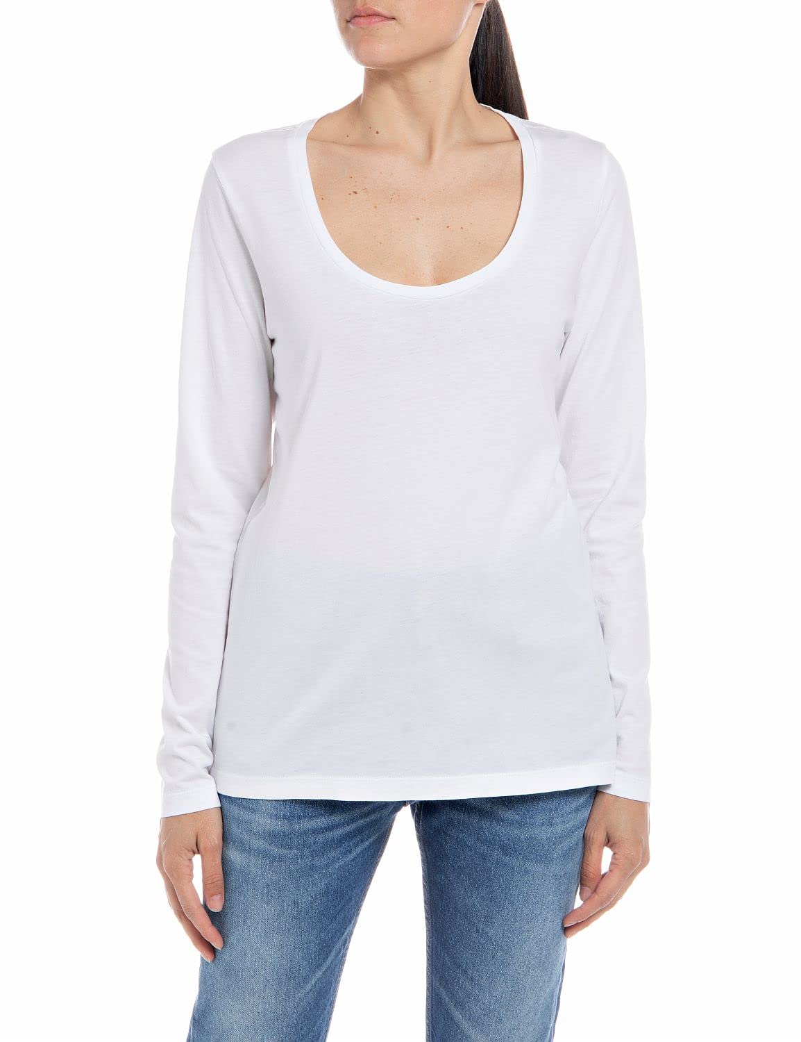 REPLAY Women's Long-Sleeved Shirt Made of Organic Cotton, Optical White 001 (White), M