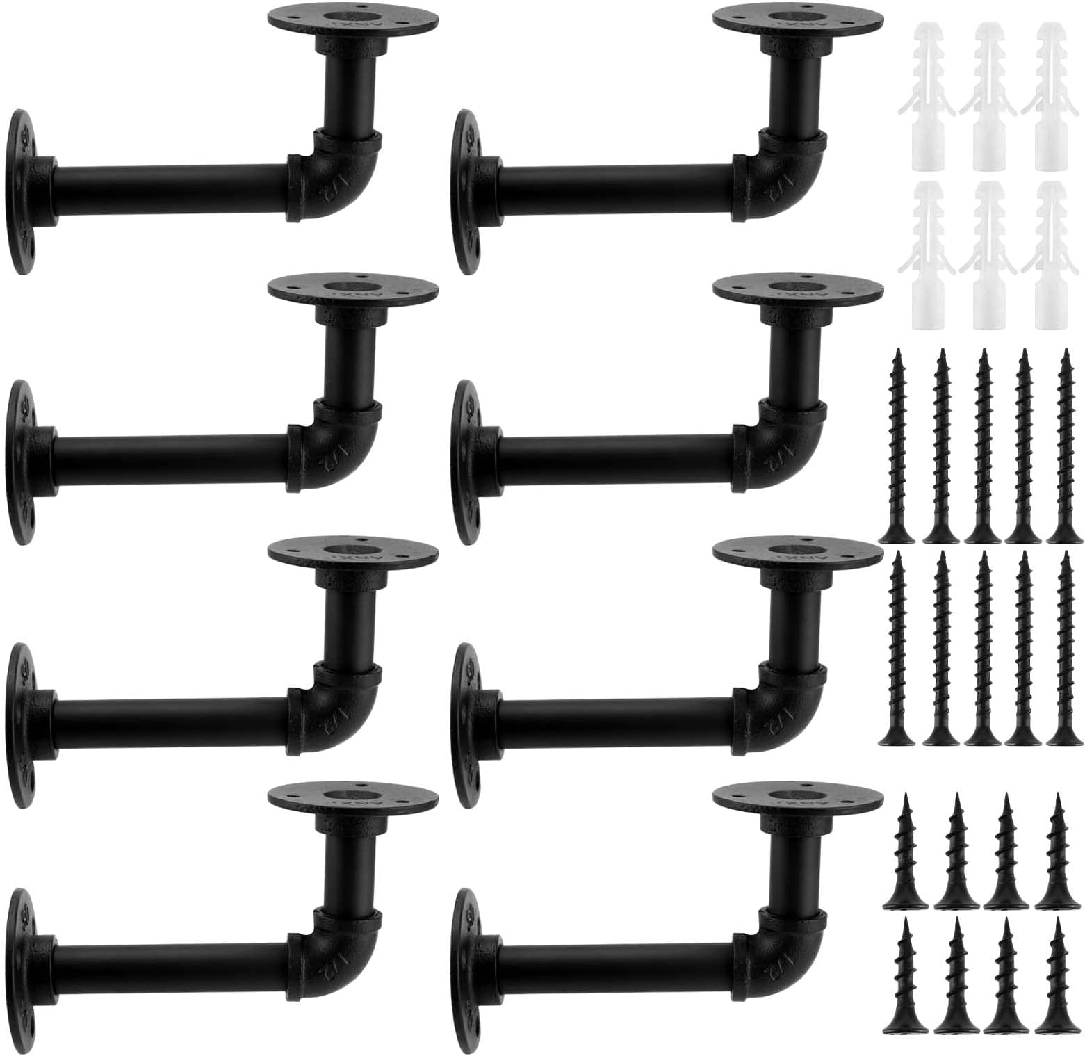 8 Pack Industrial Pipe Brackets, Black Pipe Shelving Brackets with Screws and Hard Wall Anchors, Pipe Brackets for Shelves,Scaffold Board and Home Decoration