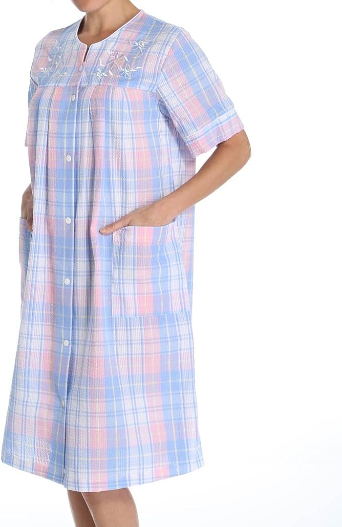 Miss Elaine Seersucker Plaid Short Snap Front Robe (XLarge (1820