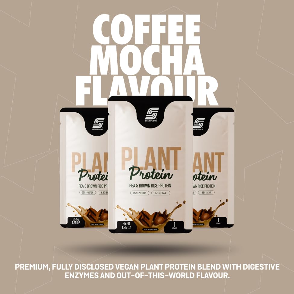 Image of Sparkfusion Plant Protein Powder Isolated Pea & Brown Rice Protein | 25g Protein per Sachet | 5.5g BCAA | Vegan, Gluten Free & Sugar Free | Coffee Mocha Flavour | Pack of 10 Sachets