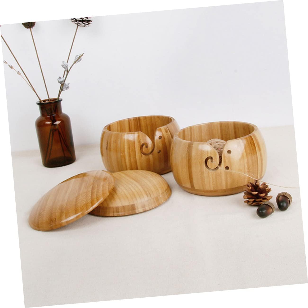 TEHAUX Wool Yarn Handmade Wooden Yarn Bowl Knitting Supplies Yarn Storage Bowl with Lid Yarn Ball Storage Crochet Yarn Storage Crochet Storage Ceramics Creel Bracket Braided Bowl Wooden