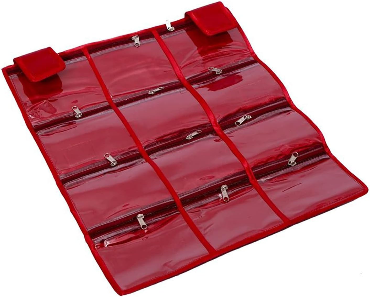 Foldable Jewellery Organizer with 12 Tranapasrent Zippered Pockets for Storing Jewelry, Bracelets, Earrings, Hair Accessories, Rings etc (Maroon)