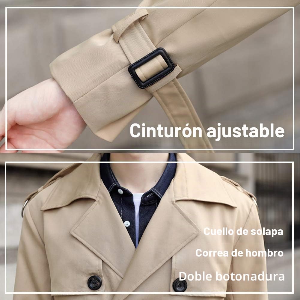 Pantete Gabardina de doble botonadura para hombre, de gran tamaño, casual, cortavientos, con solapa, abrigo largo