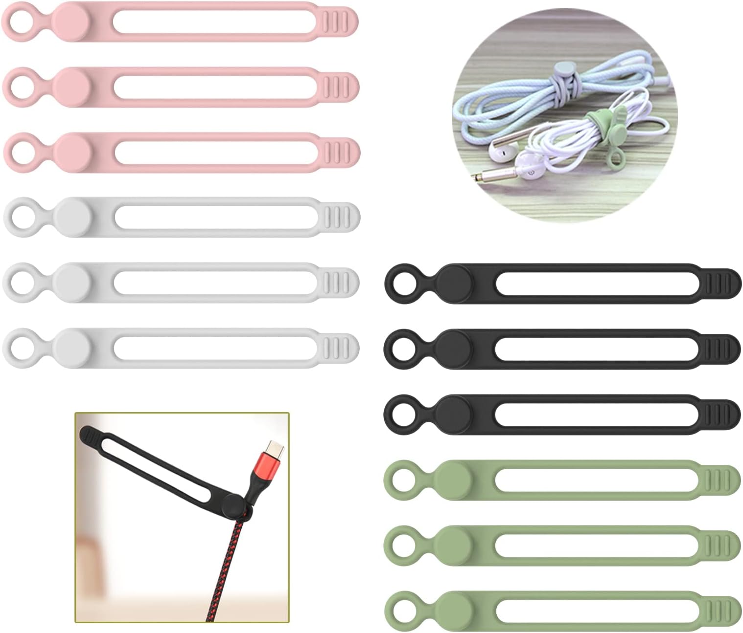 [12Pack]UMUST Silicone Cable Ties, Reusable Cable Ties, Cord Organizer, Cable Management Organizer,Elastic Silicone Wires Ties Cable Clips for Office,Home,Car etc (Black, White, Pink,Green)