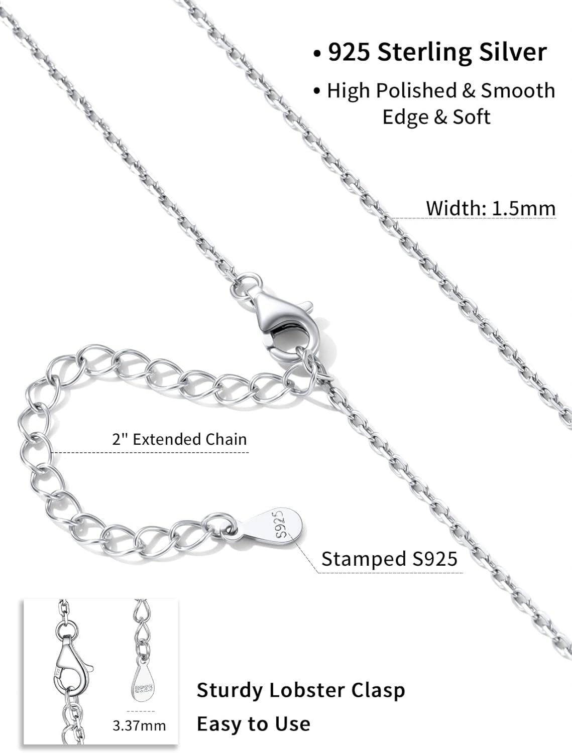 SILVERCUTE 925 Sterling Silver Necklace for Women,1mm/1.3mm/1.5mm/1.6mm Thin Silver Cable Chain/Box Chain/Rope Chain Necklace with Extension Chain,18/20/22/24/26/28/30 Inch - Image 5