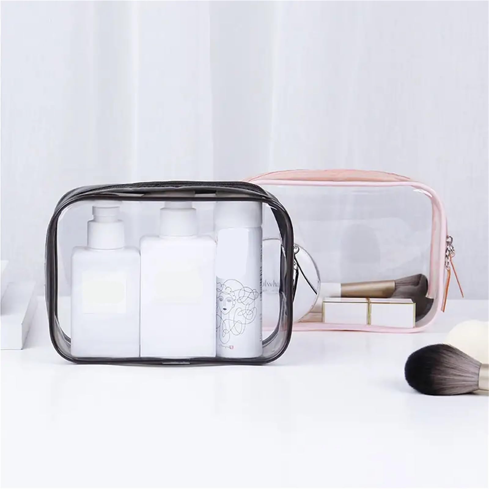Reise-Kosmetiktasche 2 Stück Reise-Aufbewahrungstasche, Kosmetiktaschen, PVC, wasserdicht, transparent, große Kapazität, Kunststoff-Reißverschluss, Kulturbeutel, tragbarer Make-up-Beutel(Coffee)