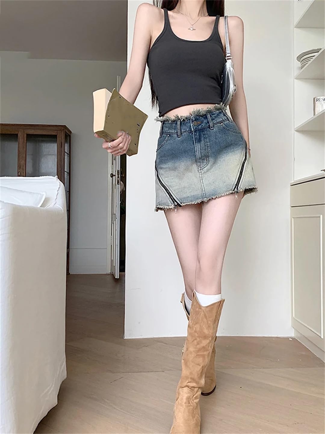 Gonne di jeans da donna a vita alta con cerniere a vita alta impiombata gamba larga A-Line Mini gonne di jeans