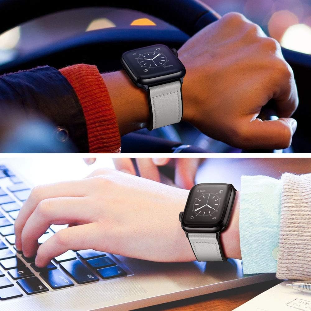OUHENG Leather Bands Compatible with Apple Watch Band 49mm/46mm/45mm/44mm/42mm, Leather Rubber Hybrid Strap for iWatch Ultra 3/2/1 Series 11 10 9 8 7 6 5 4 3 2 1 SE 3/2/1, White/Black - Image 7