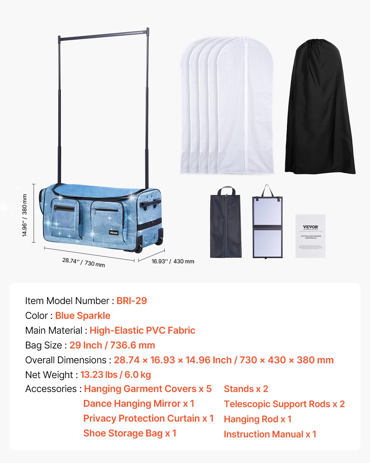 VEVOR Bolsa de Baile, con Perchero Ajustable en Altura, Bolsa de Lona con Ruedas de 74 cm, Puerto USB, Cortina de Privacidad, Ideal para Viajes y Competiciones, Azul Brillante, 730 x 430 x 380 mm