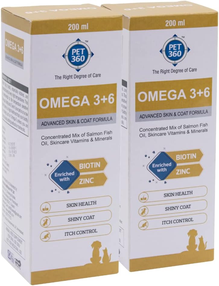 PET360 Omega 3+6 Concentrated Salmon Fish Oil for Dogs & Cats with Vitamins, Minerals & Taurine | Shinier Coat, Itch Control & Reduced Skin Allergies | Improved Skin & Hair Health - 200 ml, Pack of 2