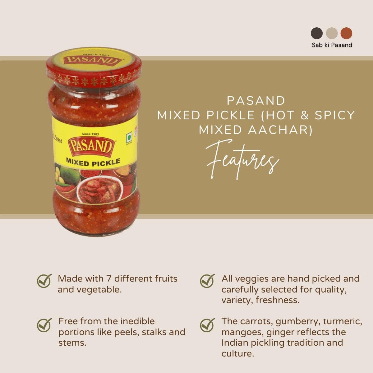 PASAND Mixed Pickle 300g | Hot & Spicy Mixed Vegetable Achar | Raw Mango, Lemon, Carrot, Green Chilli & Ginger Pickle | Traditional Homemade Style Indian Pickle | Glass jar 1