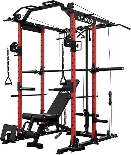 Miniatura 14 de Mikolo Jaula de Potencia, Rack de Potencia con Sistema de Cruce de Cables, 1500LBS Rack para Sentadillas con Sistema de Jalón LAT, Jaula de Rojo