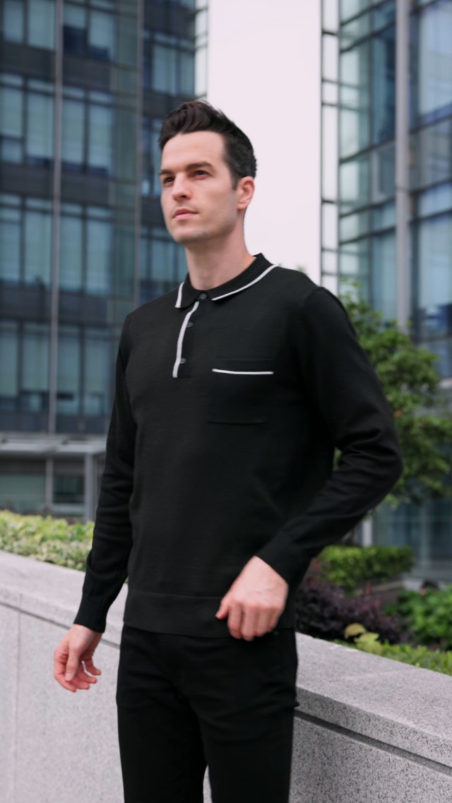 COOFANDY Knitted Long Sleeve Polo Men Banded Bottom Collared