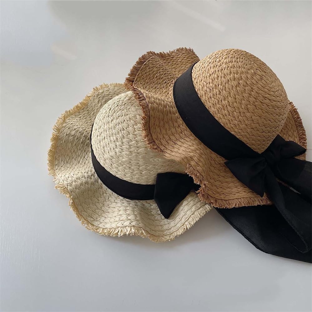 Cappello di Paglia Traspirante per Bambini Cappello da Sole Estivo da Spiaggia for Bambini, Grande Cappello di Paglia con Fiocco, 52 cm