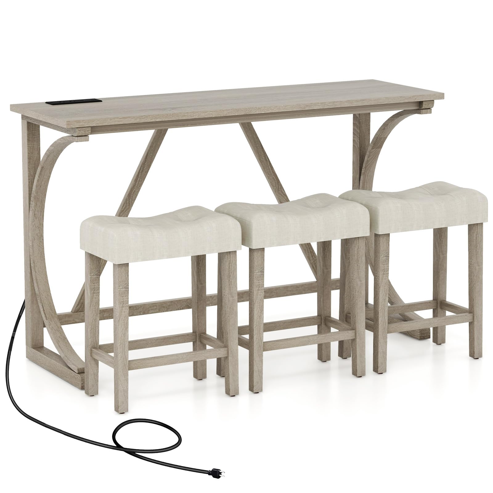 RELAX4LIFE Set di Tavolo e 3 Sgabelli da Bar, Tavolo da Pranzo in Legno di Gomma con Stazione di Ricarica Integrata, Stile Fattoria, Set di Tavolo da Pranzo, 150x48x92cm