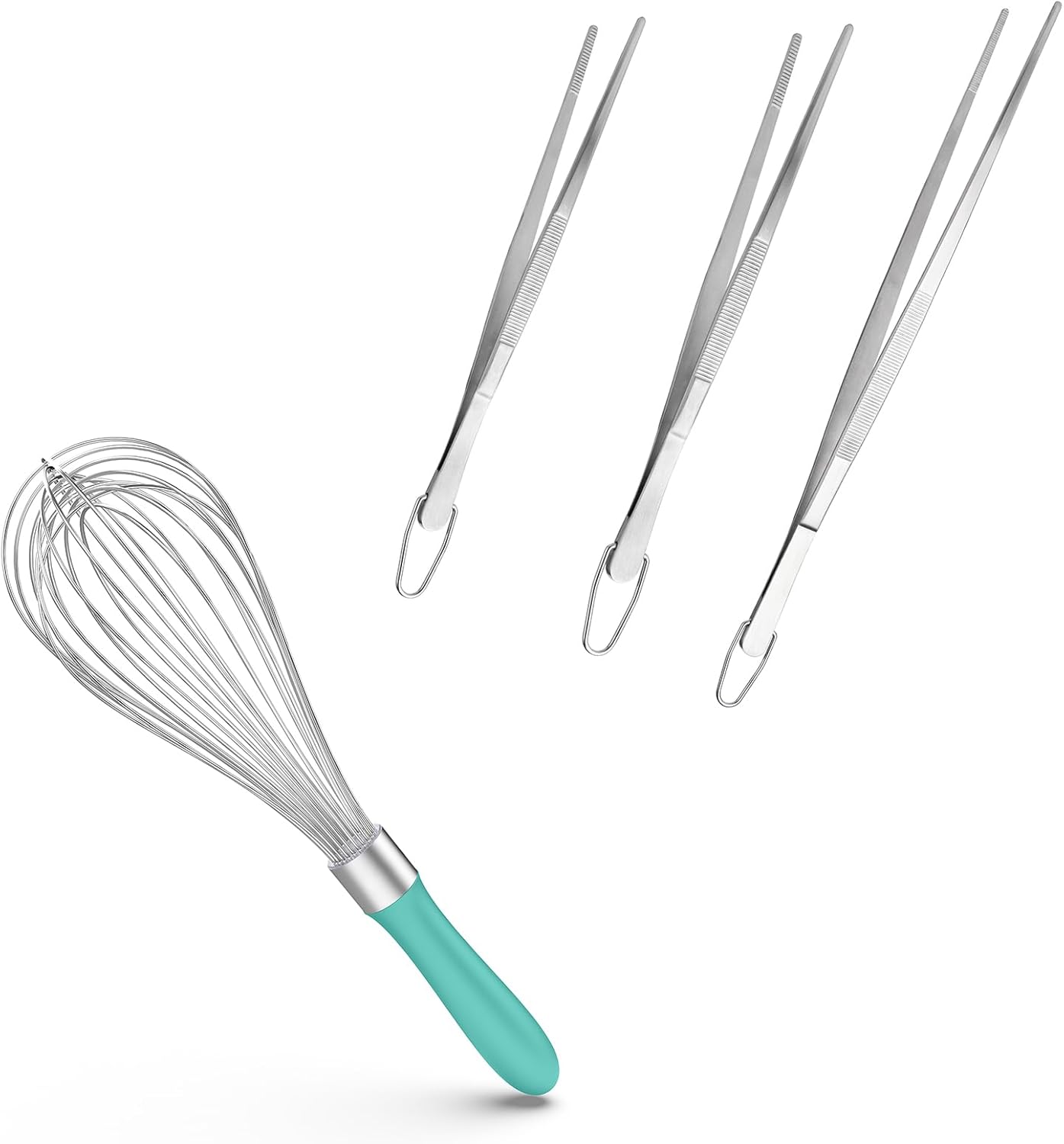 U-Taste Balloon Whisk for Cooking: 18/10 Stainless Steel Large Kitchen Wire Whisk,12in (Aqua Sky) and 8"+10"+12" Kitchen Tweezer: 18/8 Stainless Steel Food-Grade Metal Food Tong (Pointed Tip)