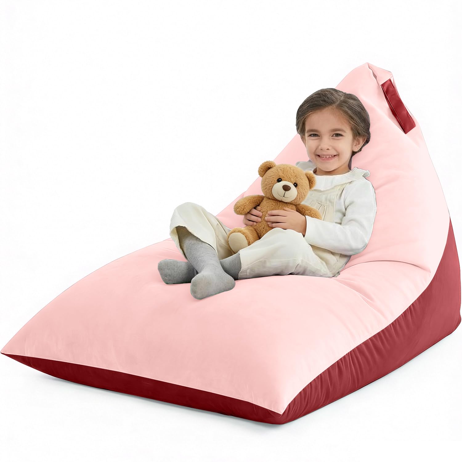Nobildonna Plüschtier-Aufbewahrungs-Sitzsackbezug für Kinder (ohne Füllung), 400L extra großer Premium-Samt-Faulenz-Sofabezug, waschbarer ultraweicher dreieckiger Sitzsackbezug (Rosa Rot)