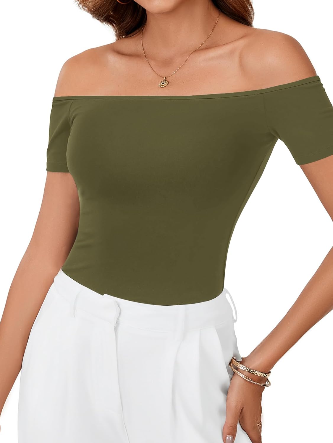 OPOIPIN Women's Off The Shoulder Crop Top Ribbed Knit Short Sleeve Slim Fit T Shirt - Image 3