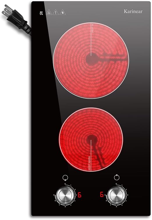 Karinear 110V Electric Cooktop 2 Burners Electric Stove 12 Inch Knob Control Countertop & Built-in Ceramic Cooktop, 9 Heating Level, Hot Warning, Over-Temperature Protection(Silver Knob)