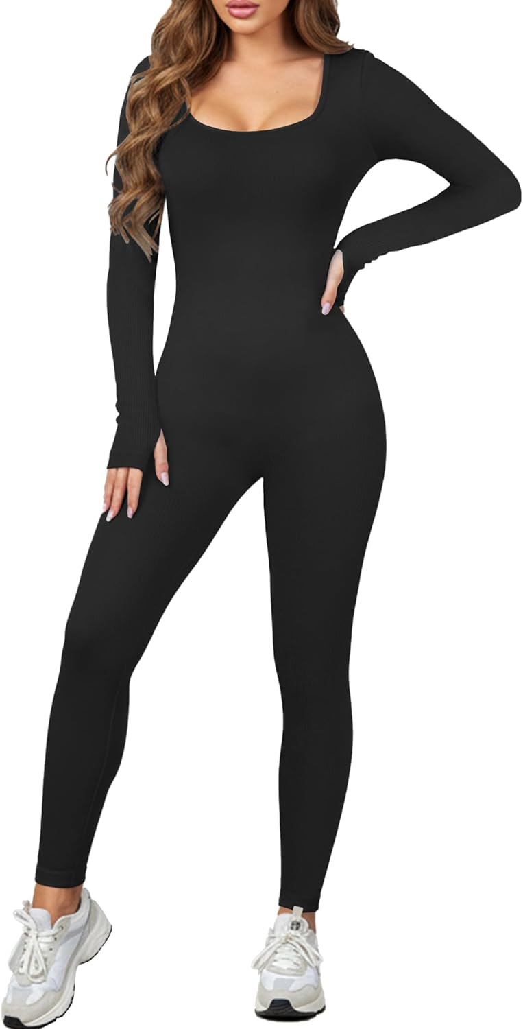 AURUZA Jumpsuits for Women Long Sleeve One Piece Jumpsuit for Women Workout Seamless Jumpsuits Exercise Tummy Control Rompers