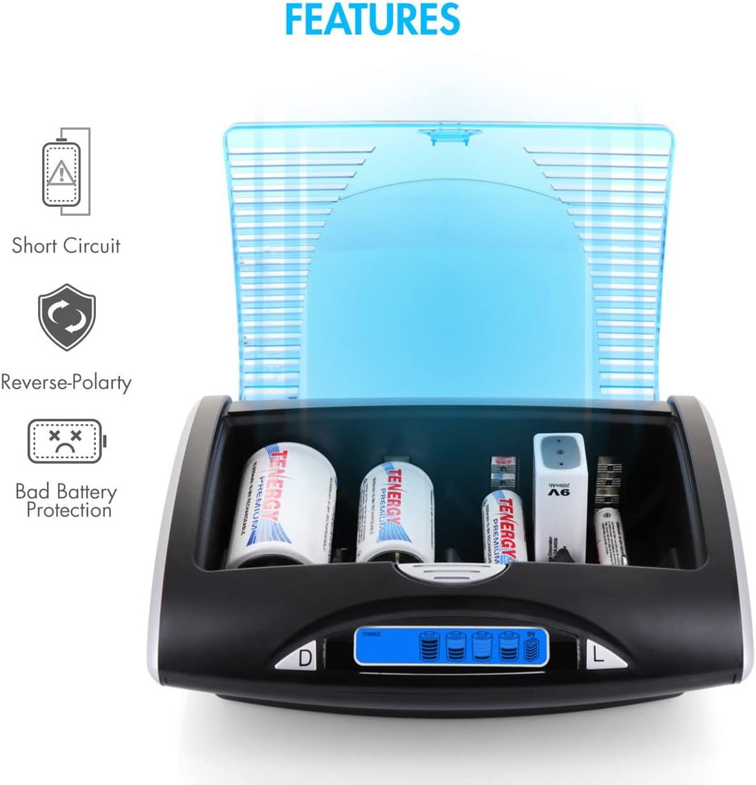 Tenergy Rechargeable NiCd D Batteries and T9688 LCD Smart Charger, 4 Pack D Size Battery Cells and Charger