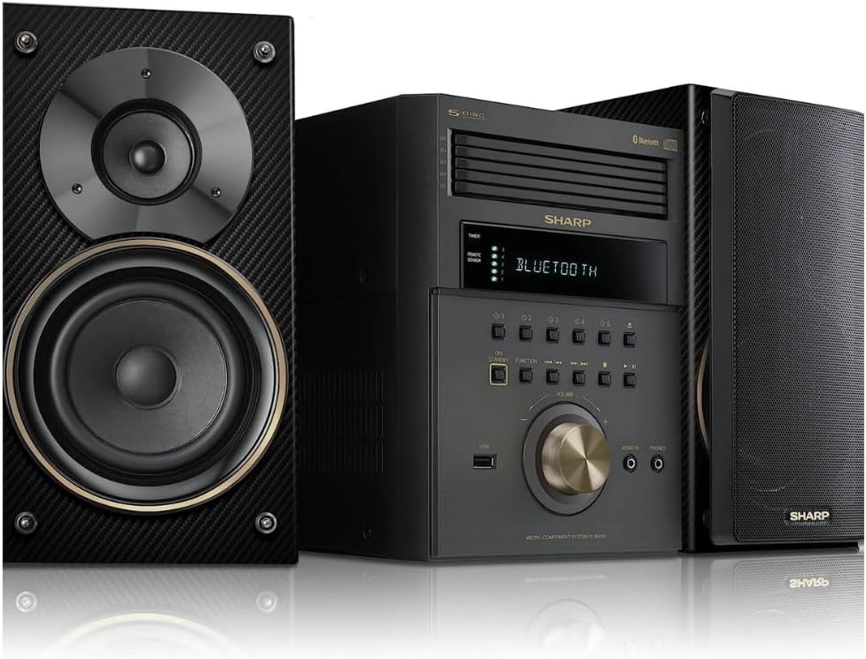 Sharp XL-BH250(GL) Limited Edition 5-Disc Micro Shelf Executive Speaker System with Bluetooth, USB Port for MP3 Playback, AM/FM, Audio in for Digital Players, Champagne Gold and Carbon Fiber Finish