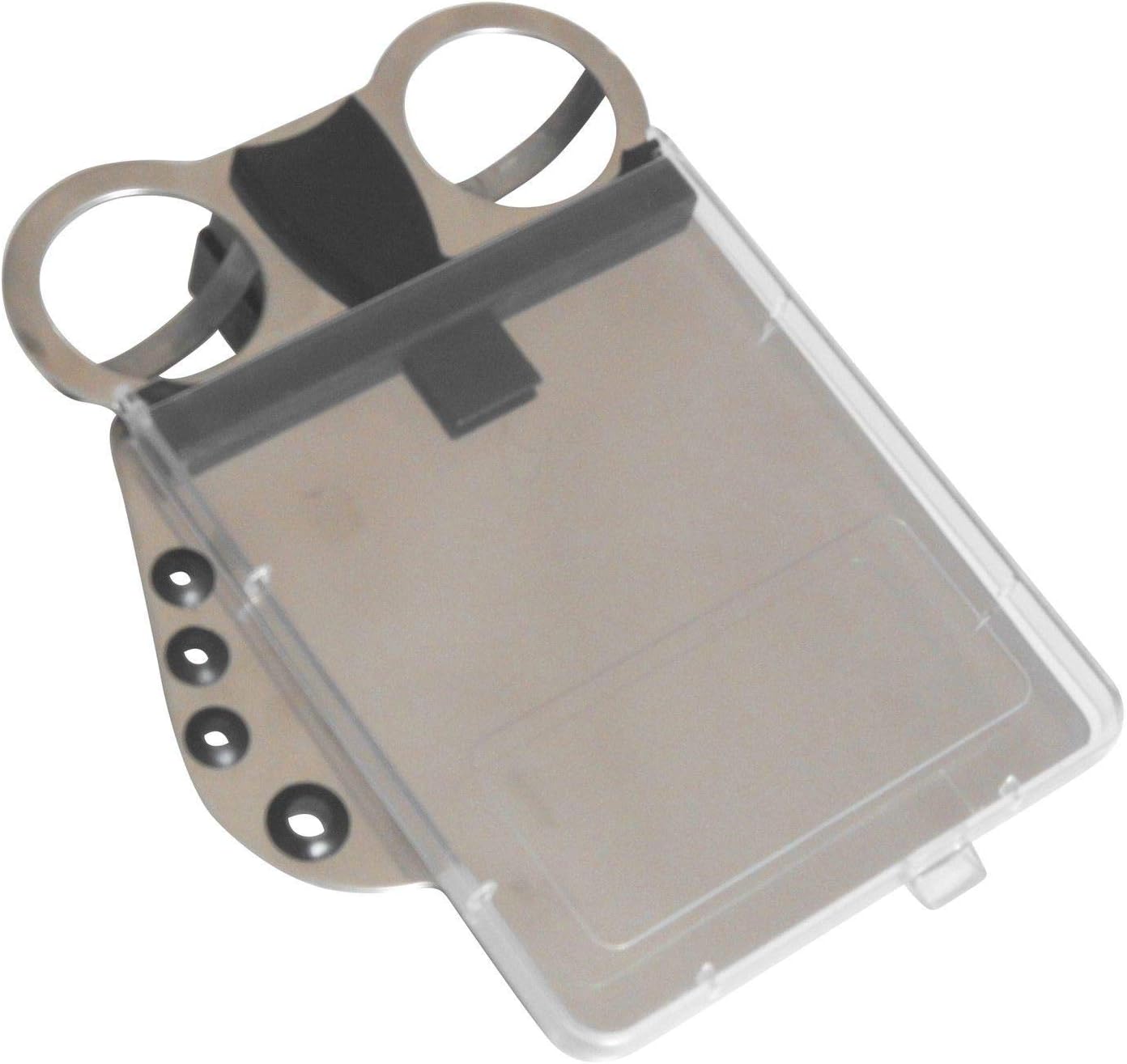 Stainless steel scorecard holder with a clear cover.